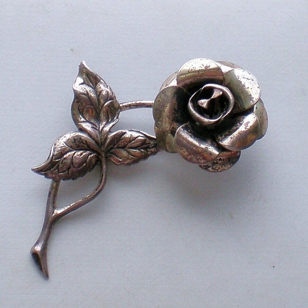 Vintage Designer Signed BEAU Sterling Silver 925 Flower Rose Pin Brooch